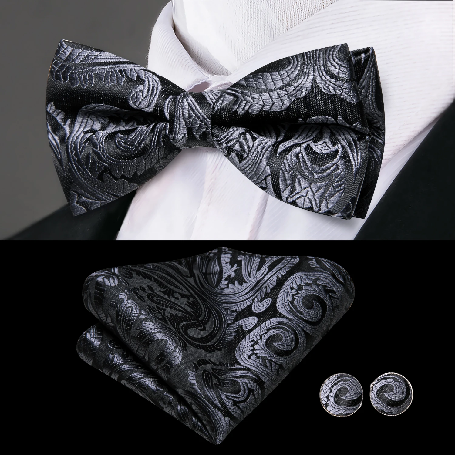 Hi-Tie korset Tuxedo Formal dasi kupu-kupu Set Cummerbund abu-abu Paisley sabuk elastis untuk pria pernikahan Cummerbunds