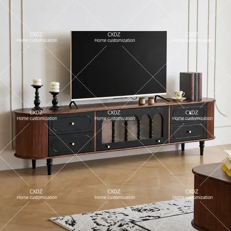 Retro Solid Wood TV Cabinet and Coffee Table Set Living Room Furniture Medieval Style High Storage Console with Sealed