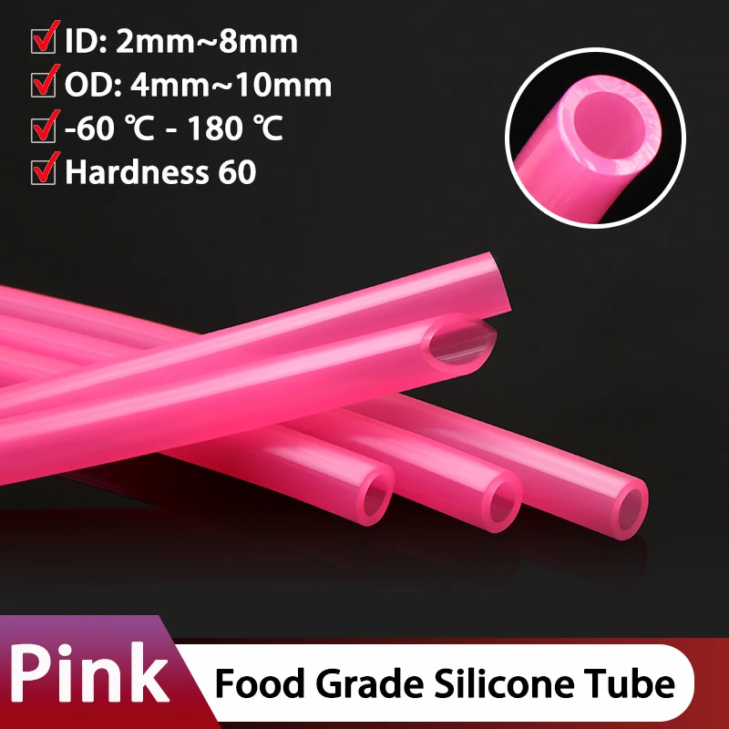 Food Grade Pink Soft Silicone Rubber Hose ID x OD 2x4 3x5 3x6 4x6 4x7 5x7 5x8 6x8 8x10 Flexible Nontoxic Tasteless Silicone Tube