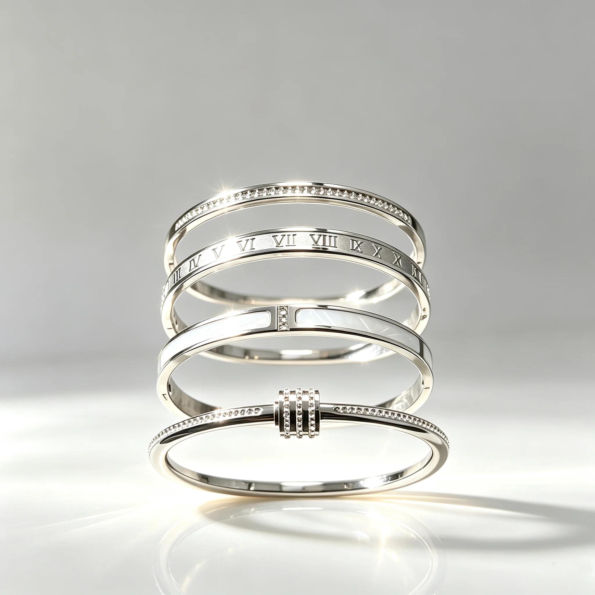 Luxury 4pcs Set Minimalist Silver Tone Stainless Steel Women's Bracelets with Roman Numerals Waterproof Anti-Oxidation Jewelry