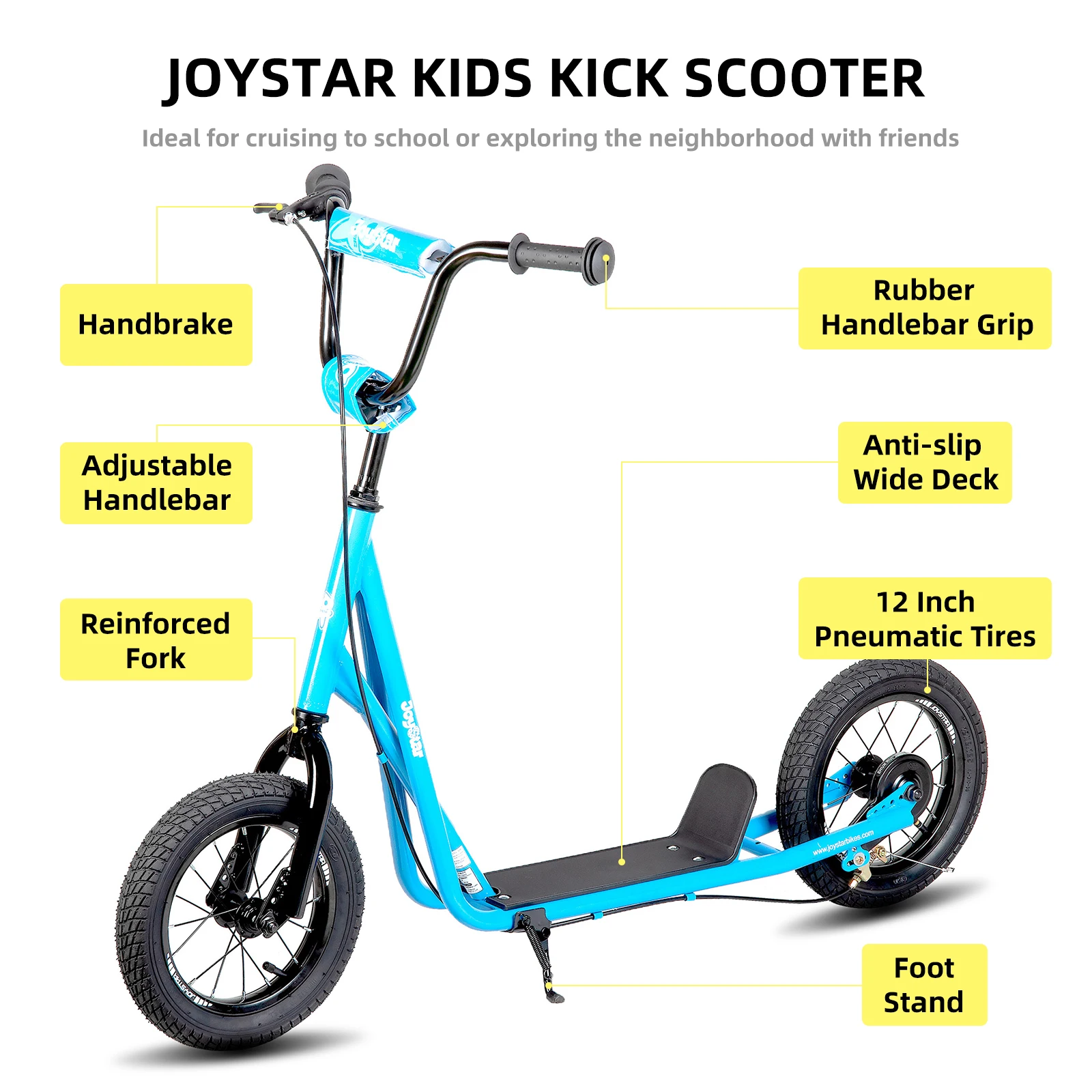 JOYSTAR Kick Scooter para crianças de 5 a 9 anos com roda dianteira e traseira de 12 polegadas, freio V traseiro e guiador ajustável, azul