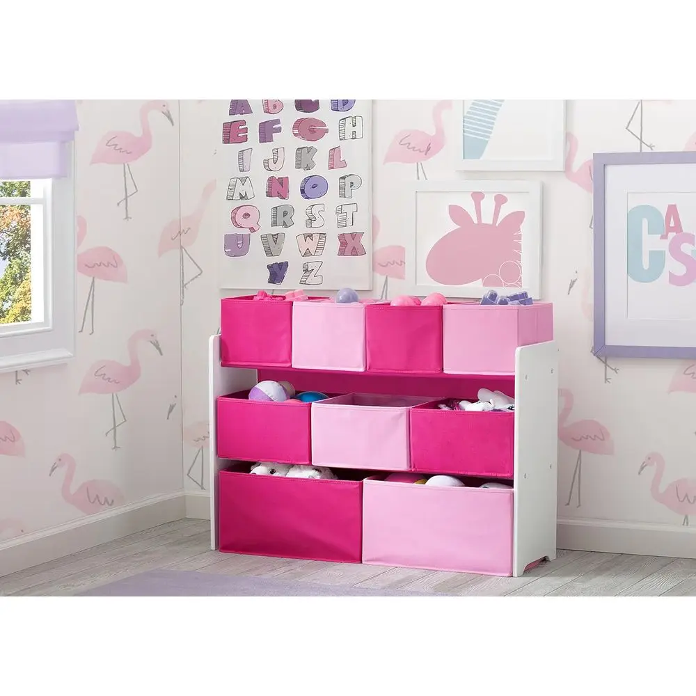 Multi-Bin Toy Organizer with Storage Bins, White/Pink Bins