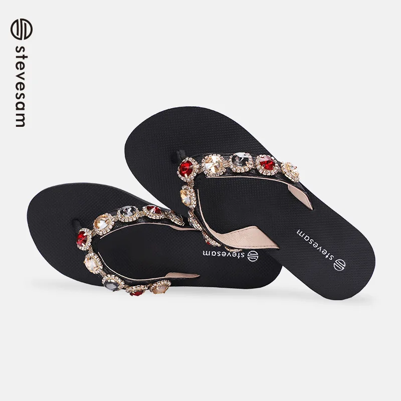 2023 Rhinestone Women Flip Flops New Fashion New Thick Soled  Black Beach Slippers Clip Toe Summer Sandals