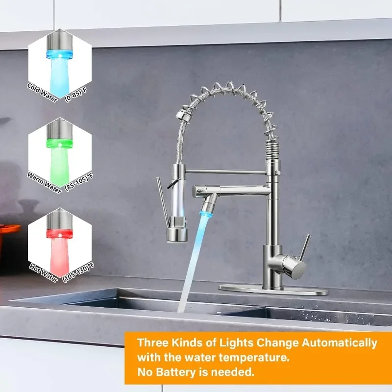 KZH Kitchen Faucet with Pull Down Sprayer Commercial Single Handle Stainless Steel Two Spout Kitchen Sink Faucet with LED Light