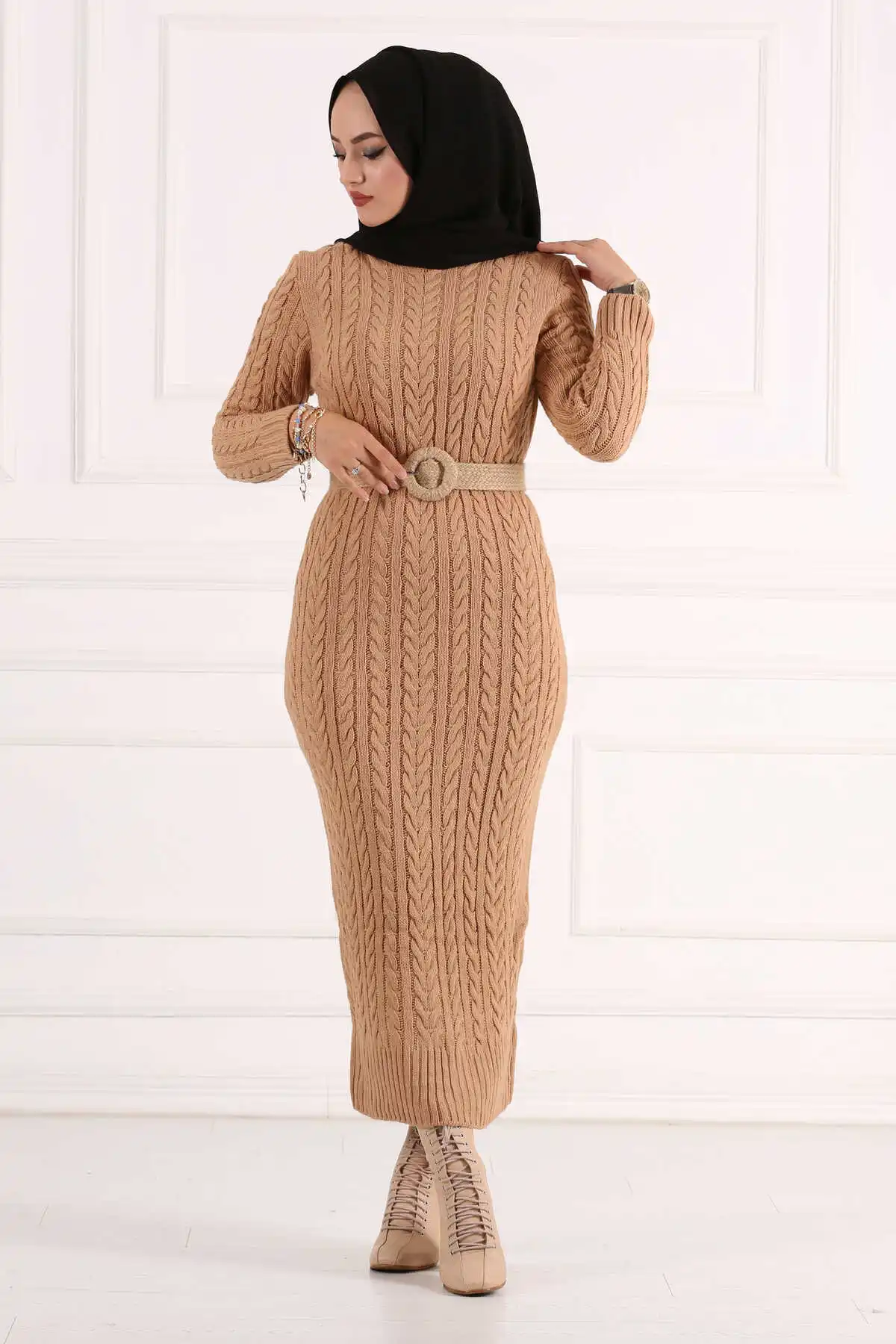 Mesh Knitwear Dress Camel Winter Autumn 2021 Muslim Women Hijab headscarf Islamic Turkey