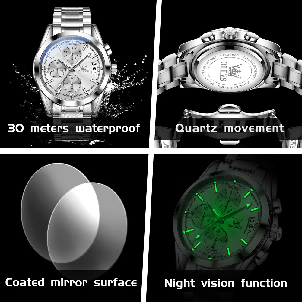 OLEVS 2987 reloj fresco para hombre, cronógrafo clásico multifuncional resistente al agua de tres ojos, camiseta nueva, reloj de cuarzo de lujo, reloj deportivo para hombre