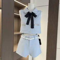 3pcs/pack High Quality Tweed 2 Piece Pant Sets For Women Bow Vest Tops + Shorts Sets Sweet Lady Two Piece Pant Suits
