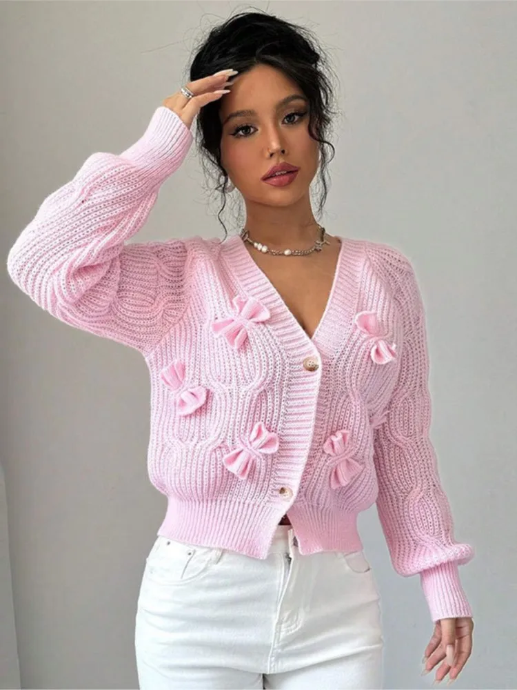 

Autumn Clothes Woman Pulls Femmes Solid Color Long Sleeve Bow Knitted Sweater Cardigan Jacket Commuting Casual All-match Trendy