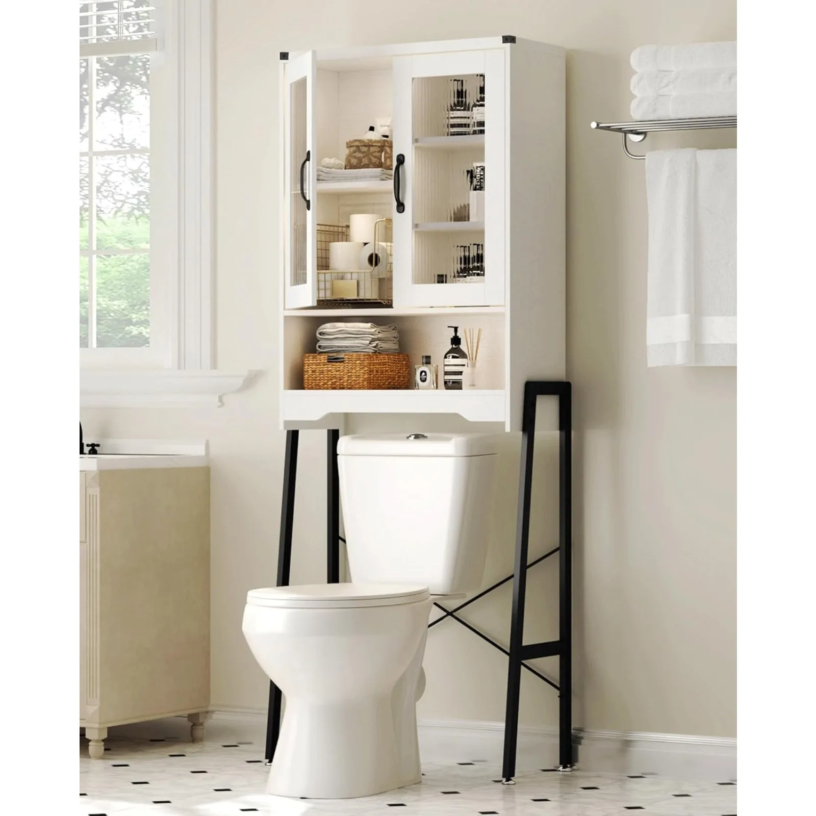 

US Over The Toilet Storage Cabinet with Tempered Glass Doors & Metal Stand, Over Toilet Organizer with Adjustable Shelf Space