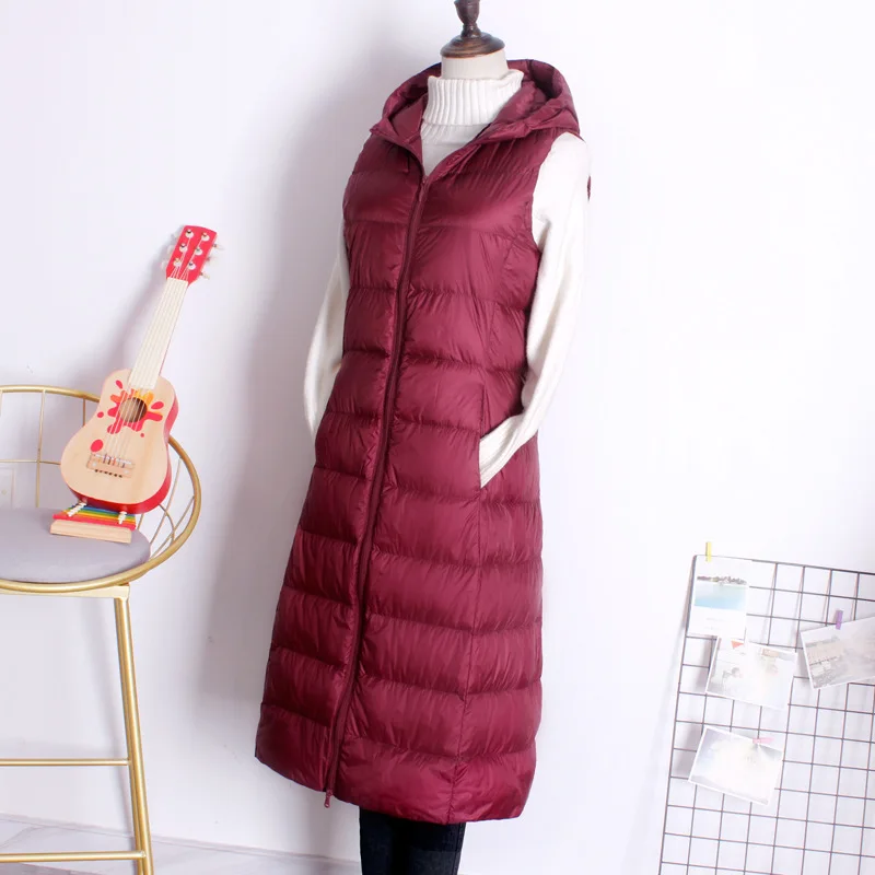 Women's X-long Hooded Korean Slim Fit Sleeveless Down Jackets 2024 New Arrivals Female White Duck Down Warm Winter Parkas