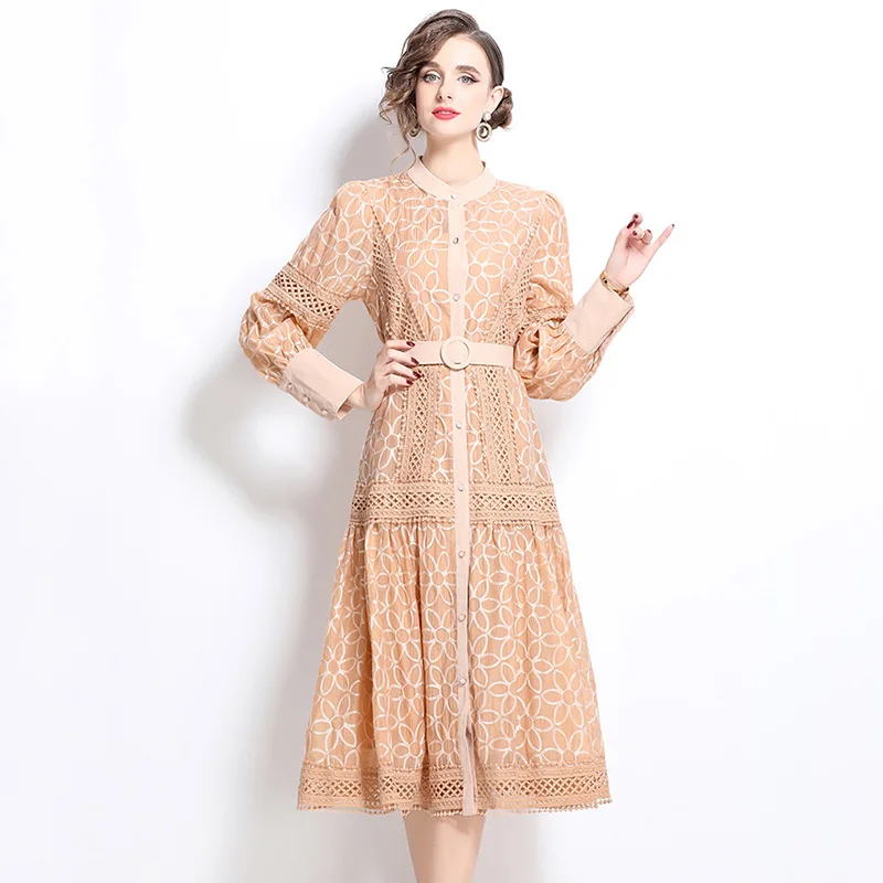 

European American fashion Women Lace Dress Embroidered Hollowed Slim Mid Length Lantern Sleeve Palace Vintage Women Dresses