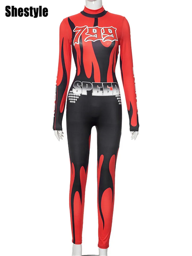 Shestyle Moto Biker Cool Jumpsuit Women Cyberpunk Red Black Letter Print Bodycon Half High Neck Hipster Rompers Fitness Clothes