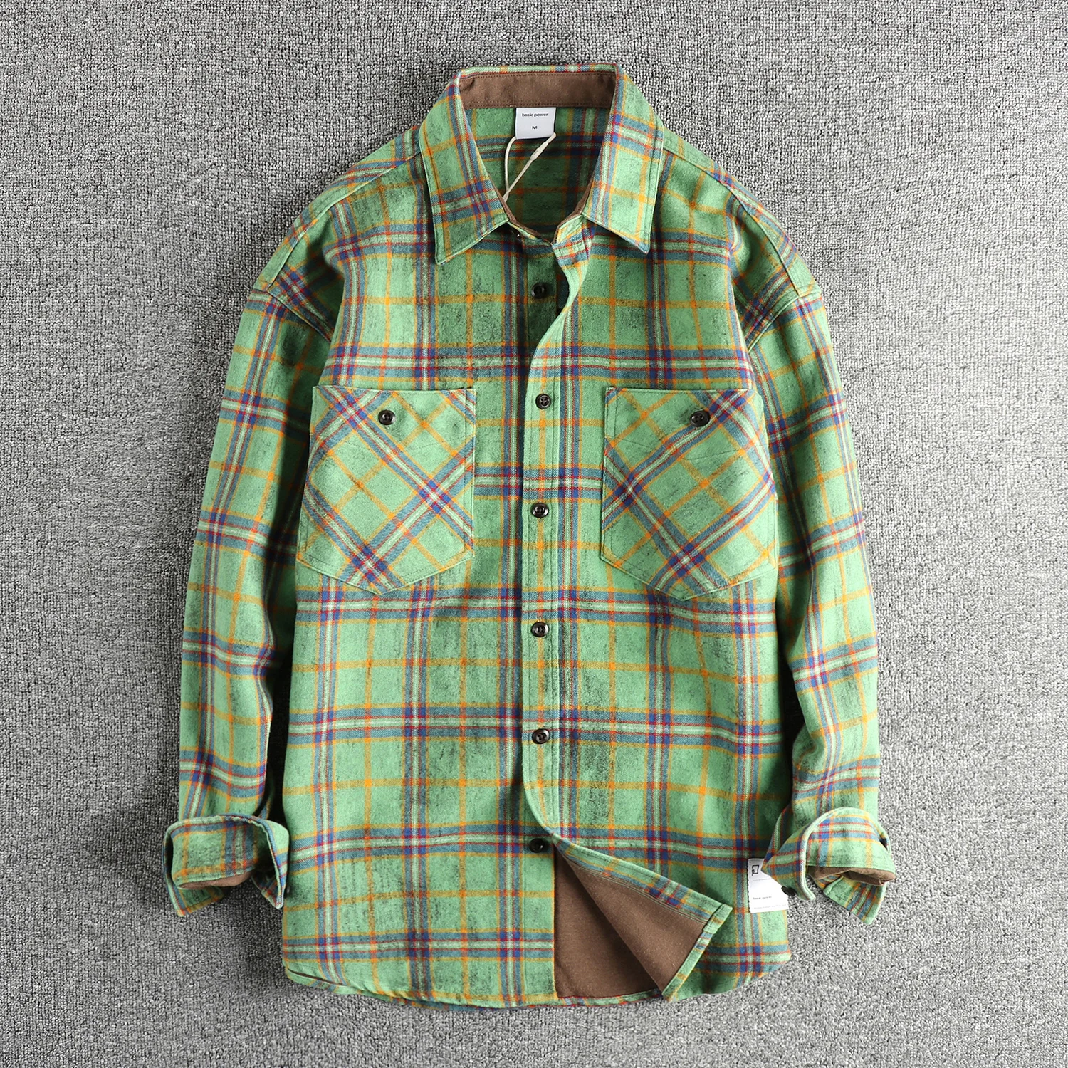 

May Khaki vintage trend color contrast plaid shirt men's heavy woven wool fabric youth shirt coat