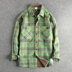 May Khaki vintage trend color contrast plaid shirt men's heavy woven wool fabric youth shirt coat