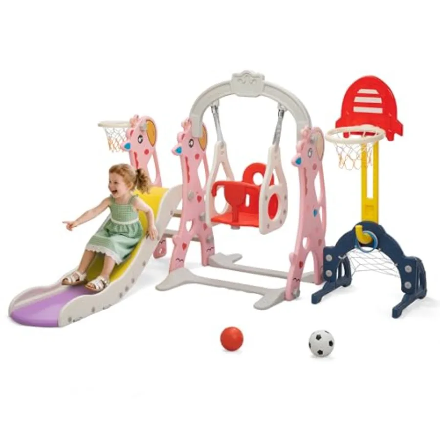 

6-in-1 Toddler Slide and Swing Set for Kids, Toddler Swing with Basketball Hoop, Suitable for Outdoor Indoor Playground for Kids