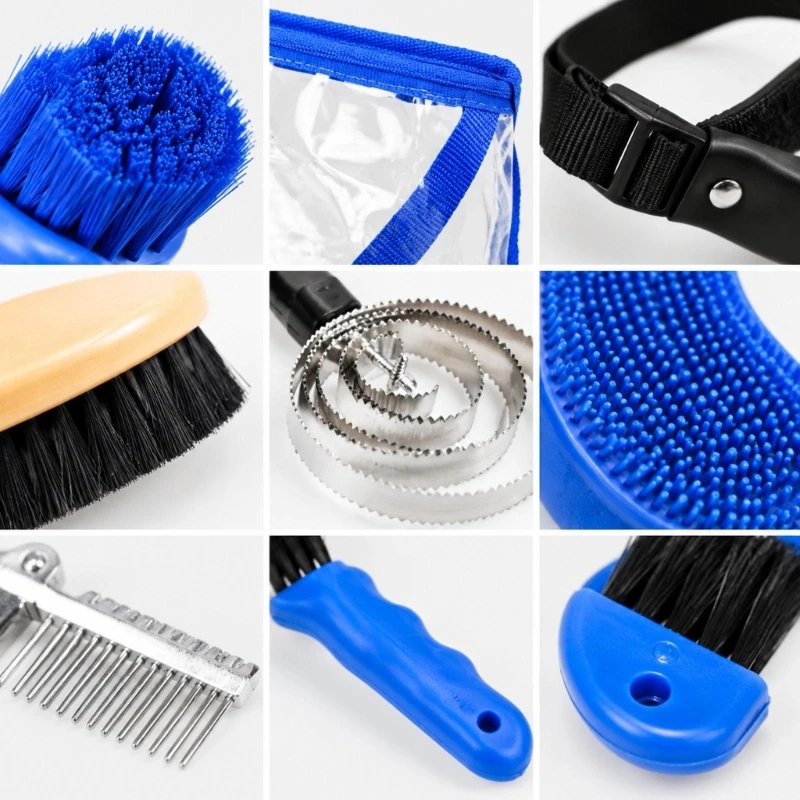 Horse Grooming Tool Set with Clear Zippered Carry Bag, Body Brushes, Metal Grooming Tools, Foot Pick, and Sweat Scraper