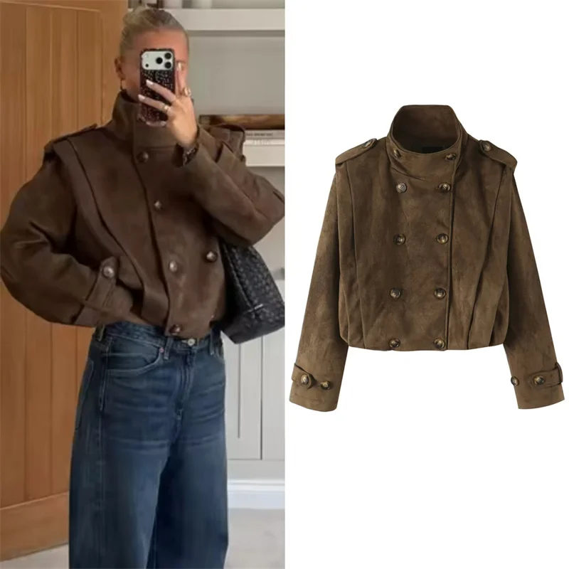 Guobioziy Women's Jacket 2026 Fall New Arrival Deep Brown Long-Sleeve Pleated Loose Stand Collar Parka Jacket Trendy and Stylish