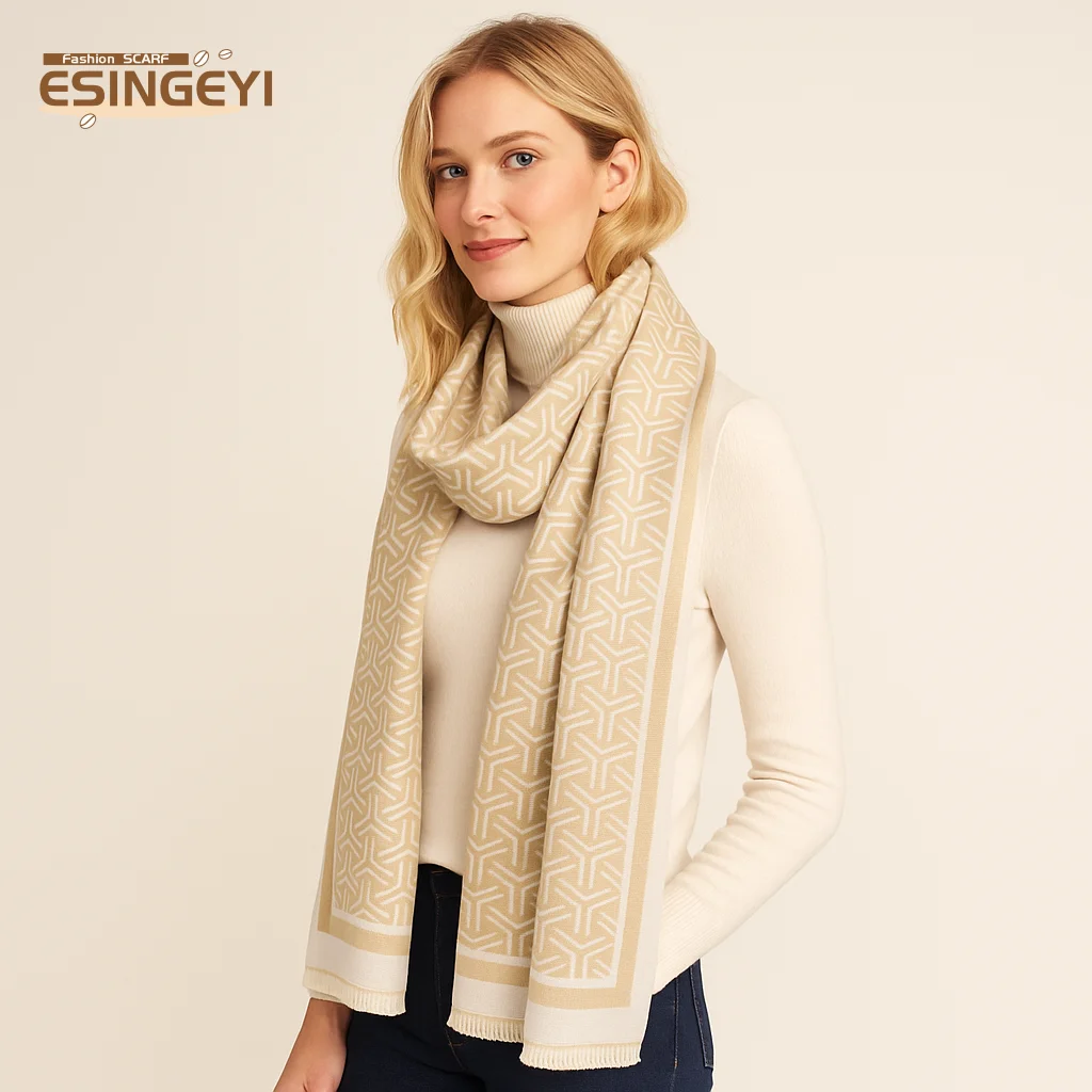 

ESINGEYI 2025 Winter Scarves Woman Foulards Femme Scarf Imitation Cashmere geometry Elegant pashmina Shawl Muffler Tippet