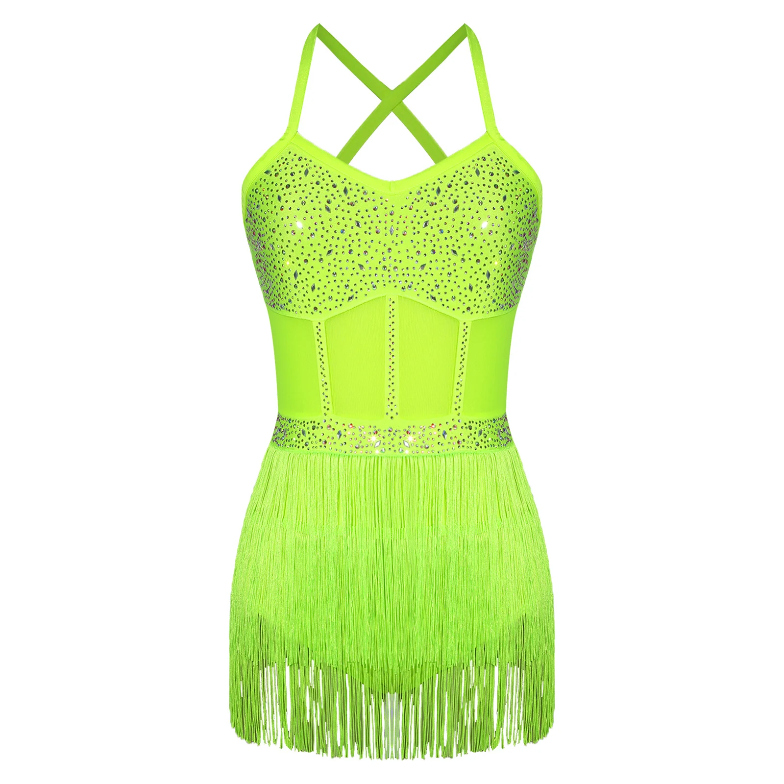 女性ラインストーンラテンタンゴダンスレオタードドレスシアーメッシュパッチワークタッセルフリンジチャチャサンバルンバラテンドレスダンスウェア