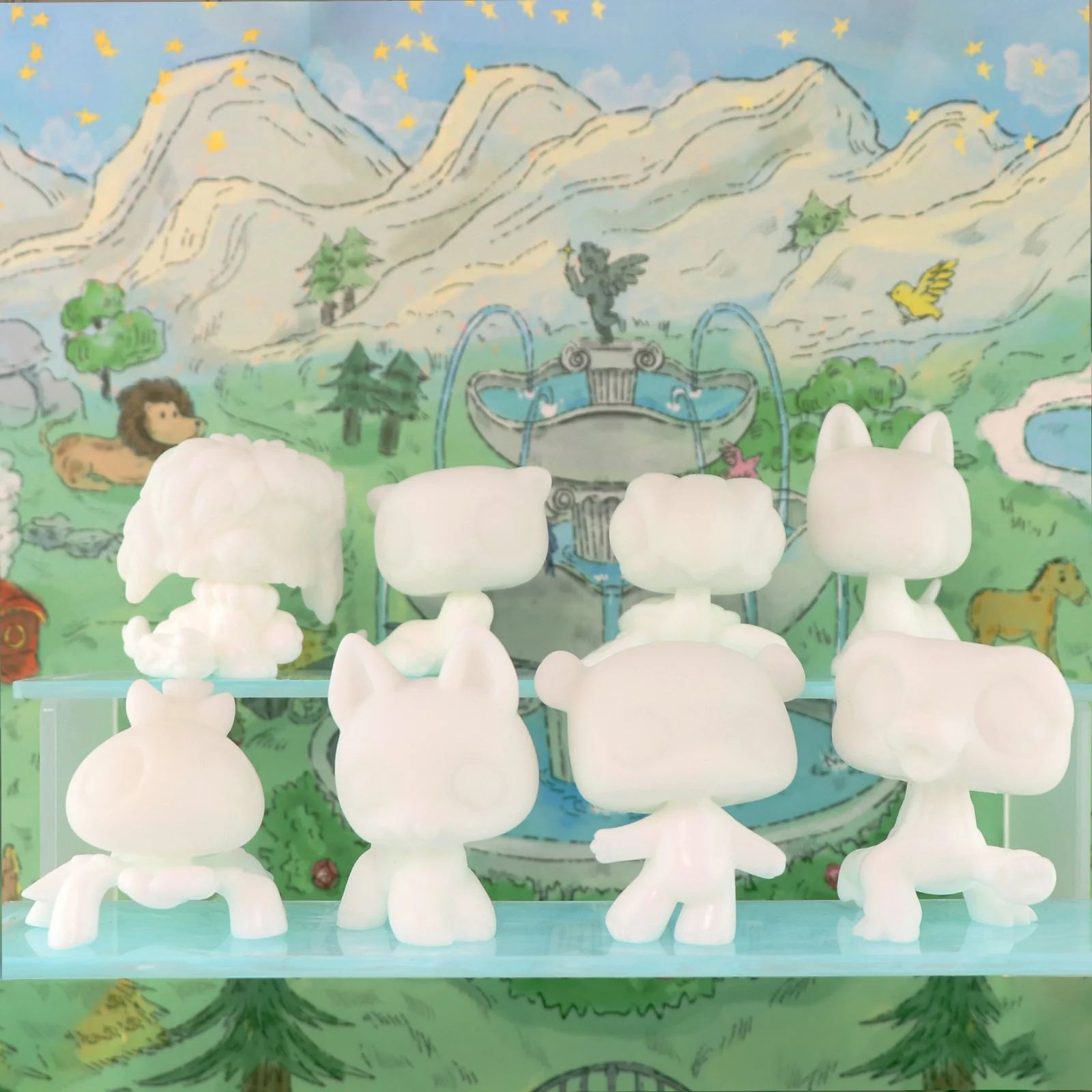 Biała baza LPS Minilpsshop do malowania figurek zwierząt: krokodyl, pająk, owczarek niemiecki, żółw, panda, bullterier i owczarek szkocki DIY