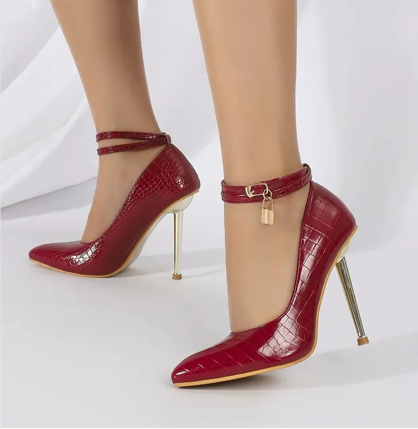 New Elegant Style Ladies Metal Stiletto Heels Dress Pumps Buckle Ankle Strap Pointed-toe Locker Deco Evening Fashion Party Shoes