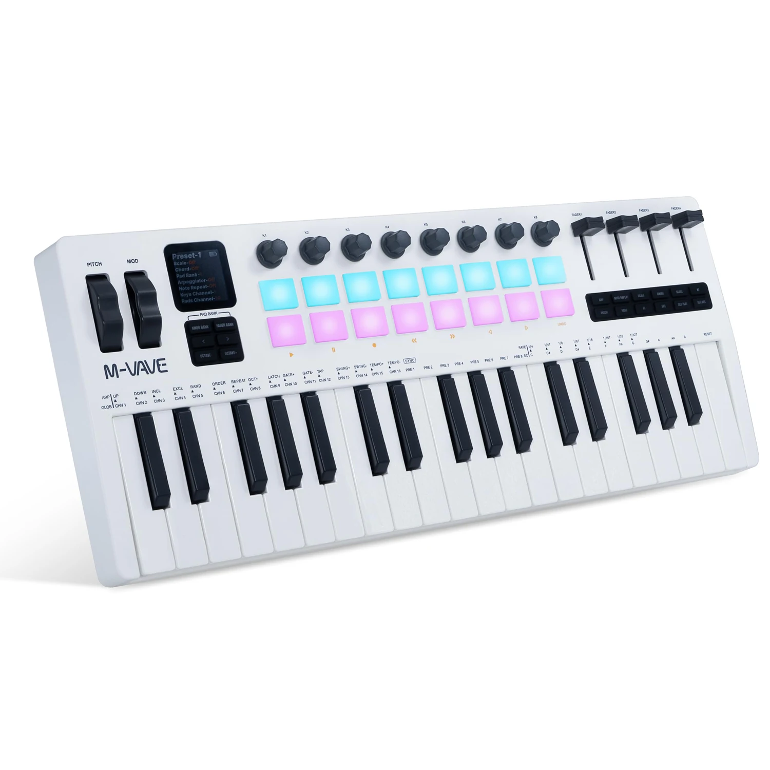 M-VAVE SMK-37 PRO White 37 Key Wireless MIDI Keyboard Controller Bluetooth MIDI Velocity Keys RGB Drum Pads Pitch Bend Mod Wheel
