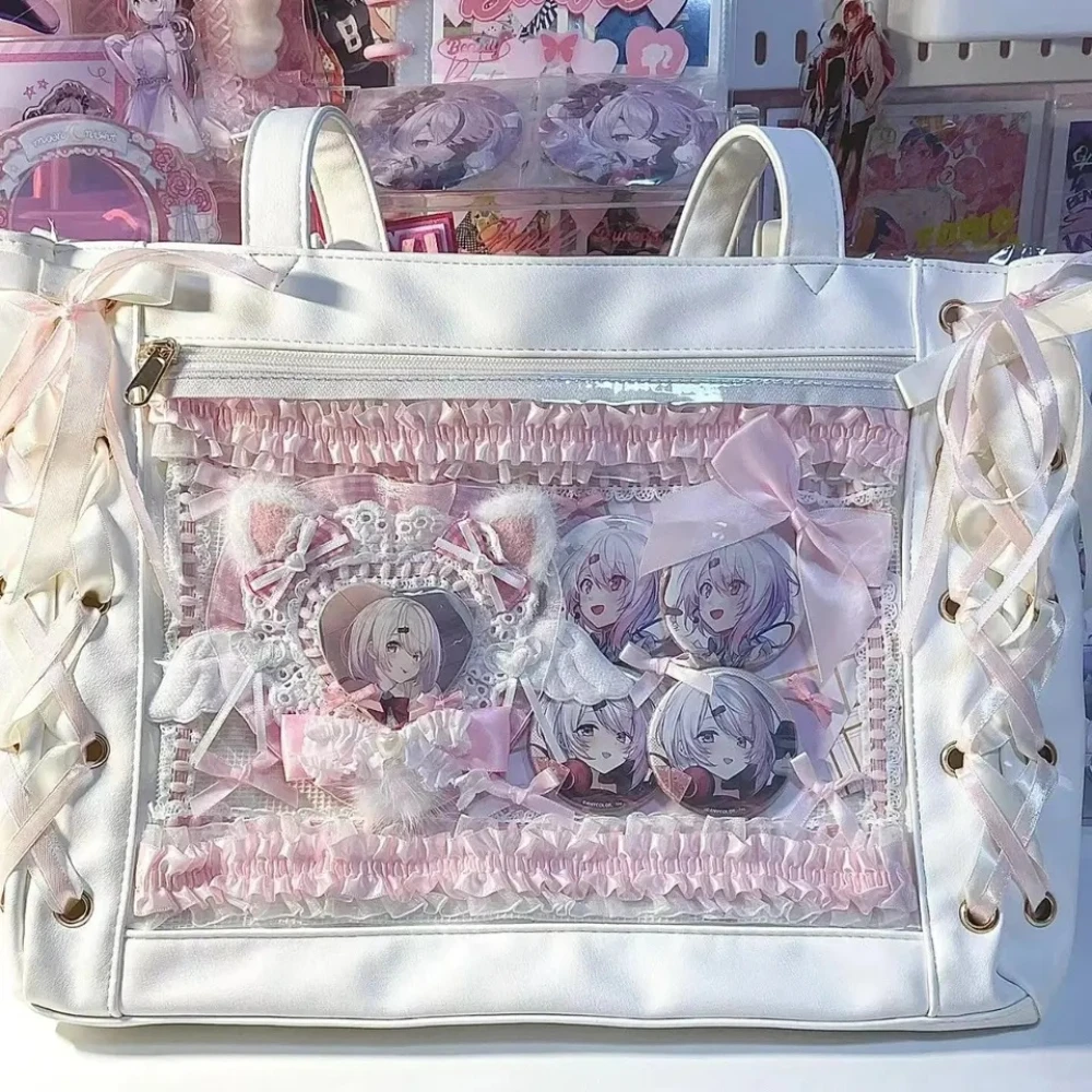 Y 2K Japanse Kawaii Meisjes Itabag Zachte Pu Lederen Schoudertas Grote Capaciteit Nieuwe 2024 Strik Lint Lolita Jk Handtassen Ita Tas