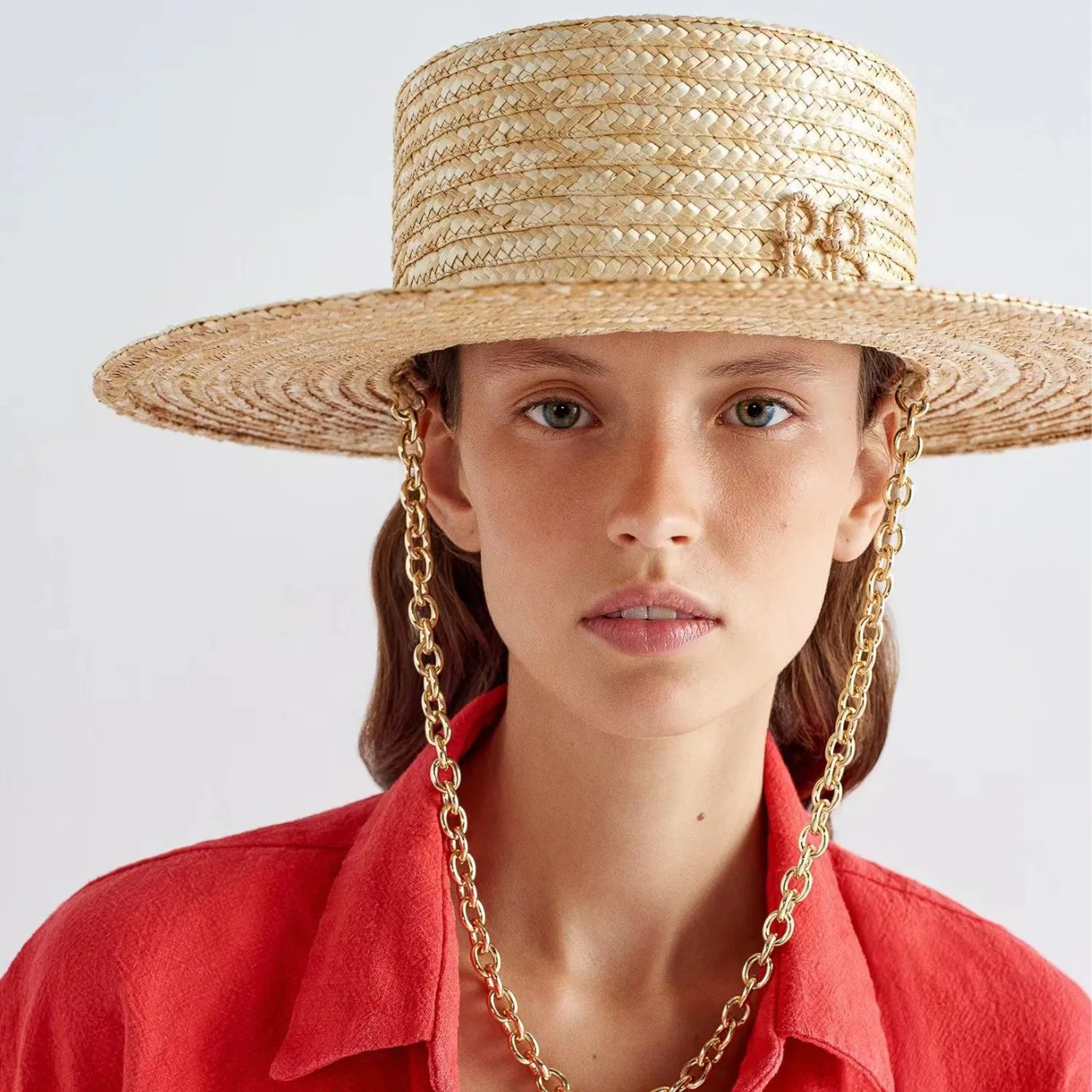 Straw Sun Hat With Letter Chain Top Decor Women Outdoor UV Protection Cap