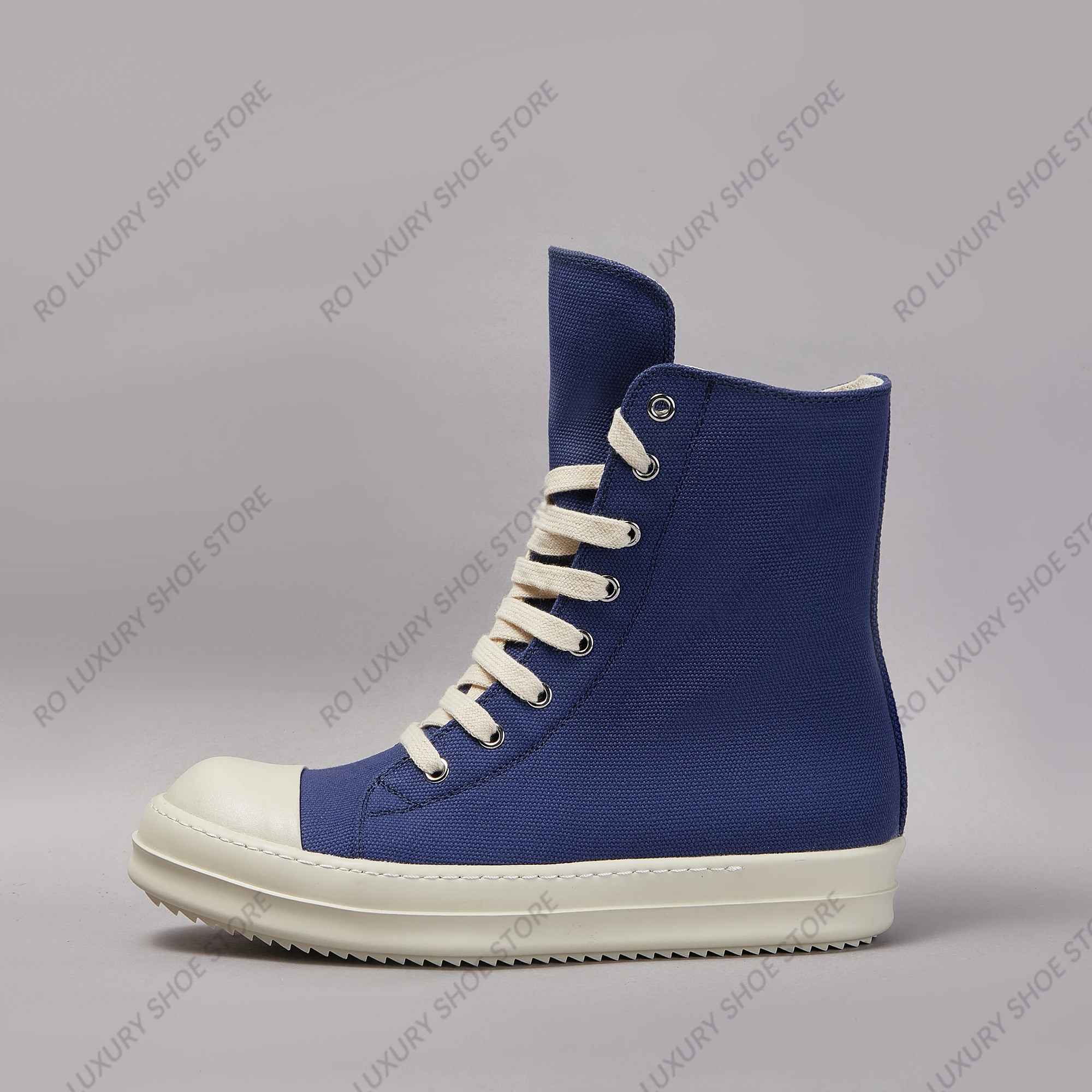 Bottes hautes décontractées pour hommes et femmes, botte de rinçage, designer bleu, haute qualité, nouvelle mode, fermeture éclair, semelle optique, plate-forme, entraîneur en toile