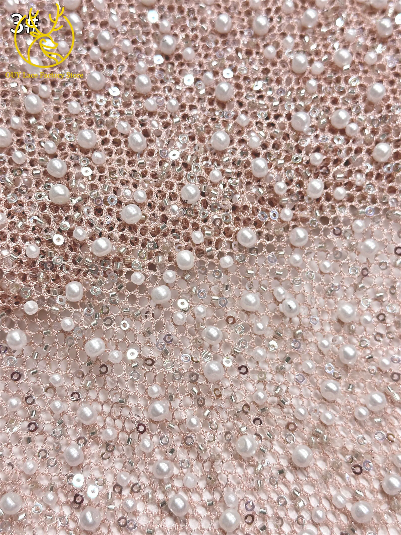 Neuer Stil Afrikanischer Perlen-Spitzenstoff Hochwertiger nigerianischer Perlen-Pailletten-Spitzenstoff Luxuriöser französischer Netzstoff zum Nähen von Hochzeitskleidern – Detail 13