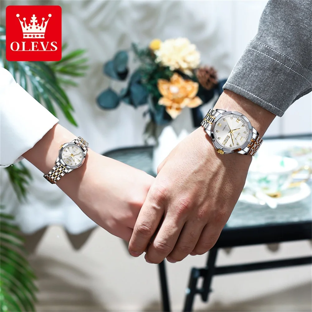 OLEVS-Reloj de pulsera mecánico automático para pareja, cronógrafo informal a la moda, resistente al agua, luminoso, con fecha, San Valentín