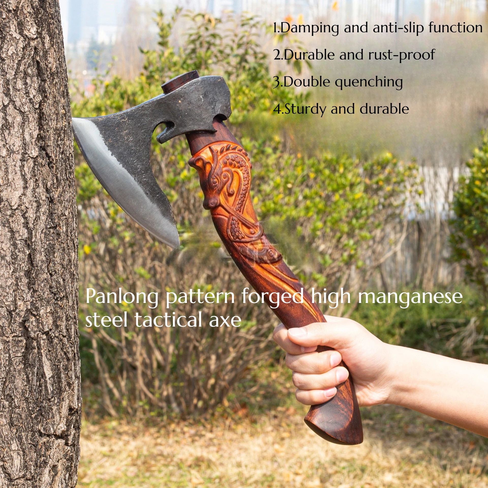 

40CM High Manganese Steel Forged Dragon-pattern Tactical Axe - Portable Outdoor Emergency Self-defense Household Chopping Tool