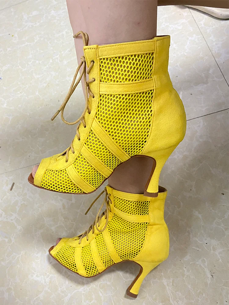 Women Latin Ballroom Dancing Booties Yellow Suede New style Made Soft Insole Latin Dance Shoes Dance High Heels 3inch 4inch