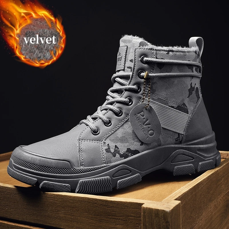 

HKDQ Winter Velvet Men's Boots Fashion Khaki Ankle Boots Men Camouflage Boots Outdoor Warm Platform Boots Man Comfy Fur Boots