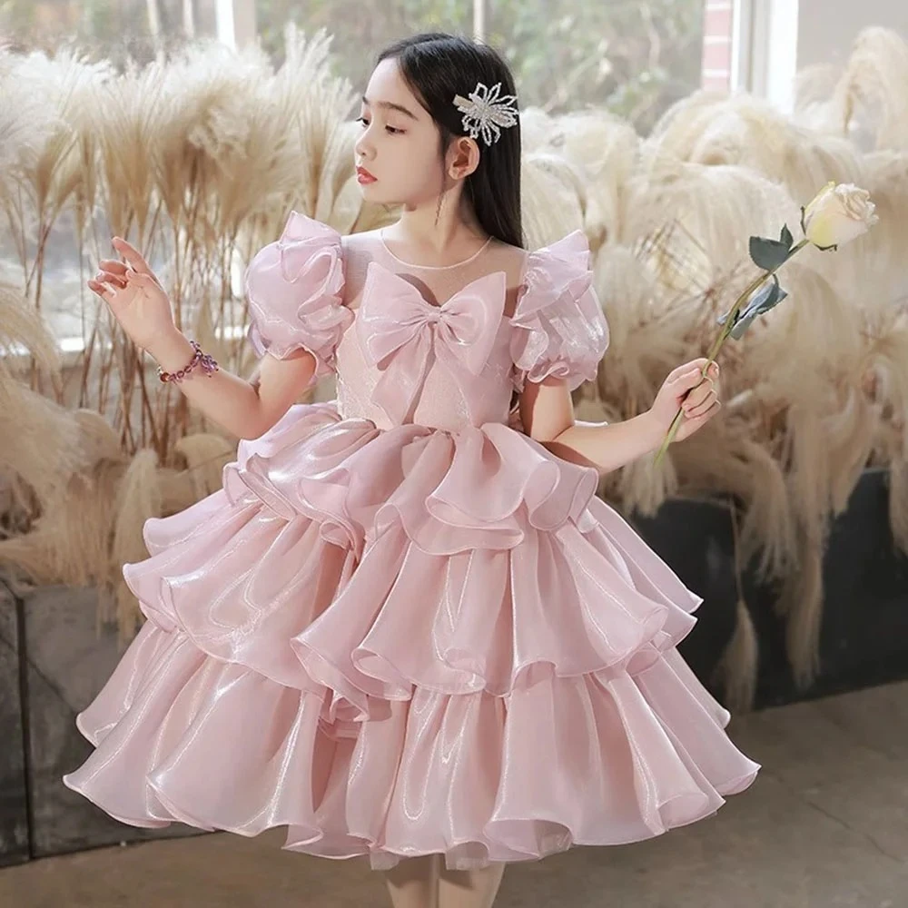 

Simple Pink Evening Dresses For Girls Solid Princess Dress Sweet Puff Sleeves Flower Girls Birthday Dress Ball Gowns For Kids
