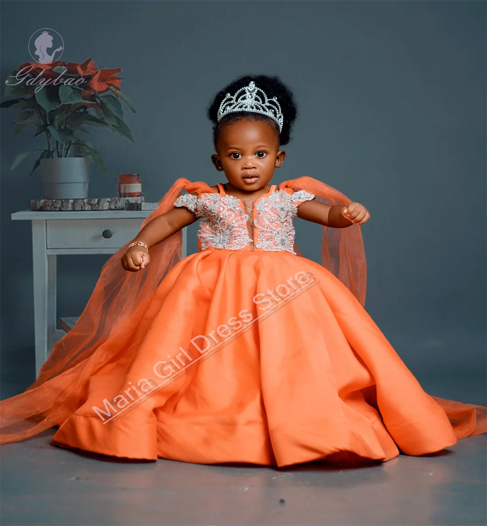 

Оранжевое новое платье для первого причастия для девочек с пышной белой кружевной аппликацией на тонких бретелях, подходящее платье с цветочным узором для девочек, праздничный наряд