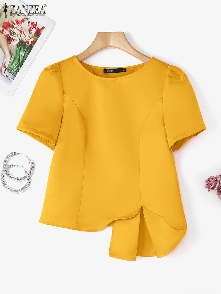 ZANZEA Women Summer Tops Asymmetrical Tunic Satin Blouse 2025 Fashion Casual Silk Shirts Elegant Short Sleeve Office Lady Blusas
