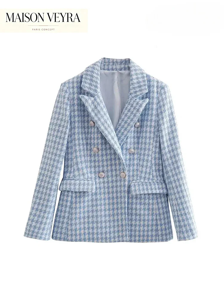 Women Fashion Houndstooth Double Breasted Tweed Blazer Coat Long Vintage Sleeve Flap Pocket Female Outerwear Chic Veste