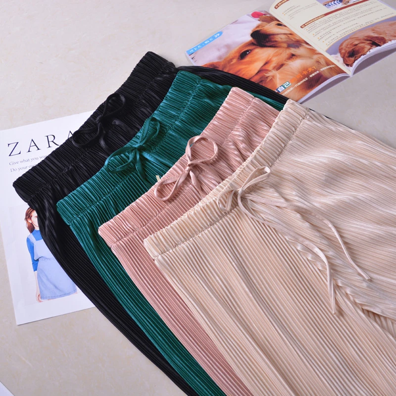 Summer Wide Leg Pants For Women Casual Elastic High Waist 2023 New Fashion Loose Long Pants Pleated Pant Trousers Femme