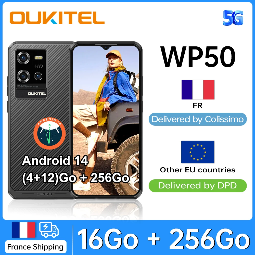 هاتف ذكي Oukitel WP50 5G قوي 16Go (4 + 12) RAM /256go ROM "HD + 6500mAh 48MP Android 14 NFC GPS بشريحتين