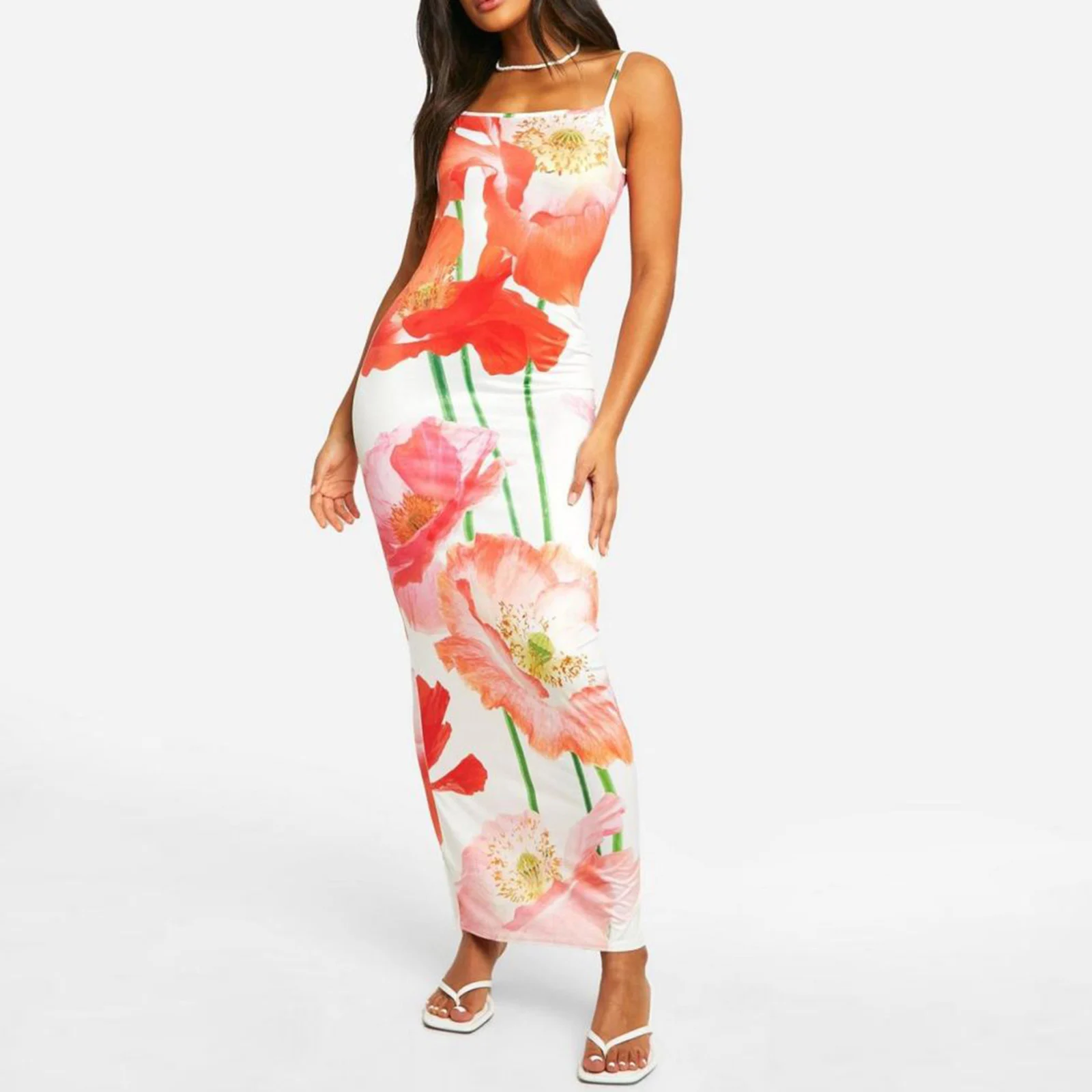 Women's Long Slim Cami Dress Sleeveless Spaghetti Strap Low Cut Open Back Flower Print Beach Dresses