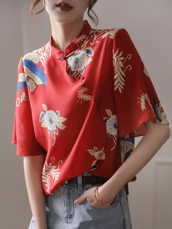 

Шелковая женская летняя блузка свободного кроя с коротким рукавом, воротником-стойкой, винтажным принтом, для повседневной носки, из полиэфирного волокна