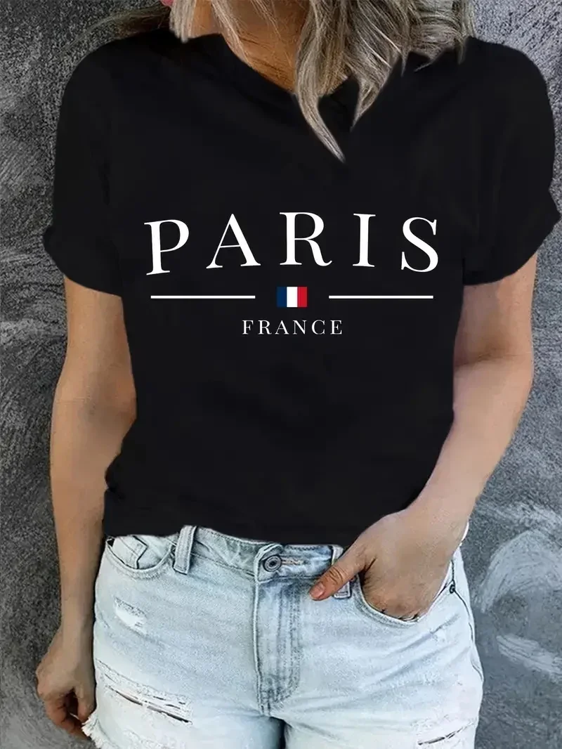 PARIS Print T-shirt, Short Sleeve Crew Neck Casual Top For Summer & Spring, Women\'s Clothing