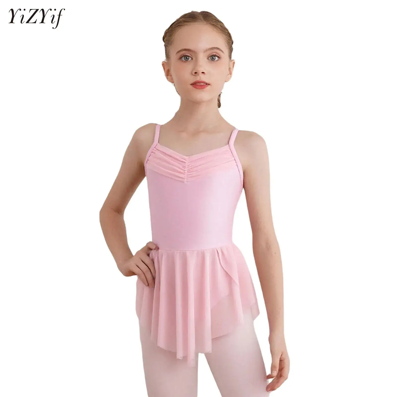 

Kids Girls Ballet Dresses Ballerina Practice Performance Costume Ruched Sides Split Ballet Dance Dress with Built-in Briefs