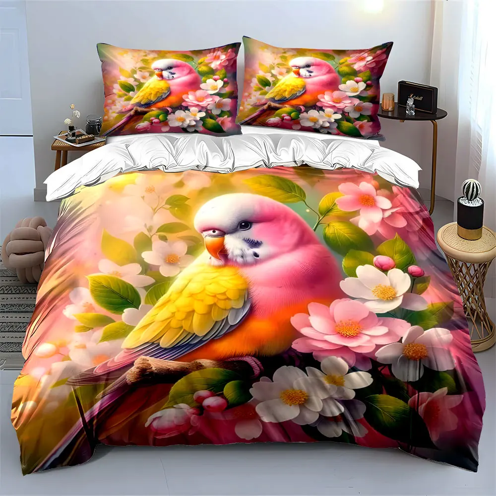 Colorful Parrot with Pink and White Flowers Print Bedding Set 1 Duvet Cover 2 Pillowcases for Adult and Children Luxury Gift