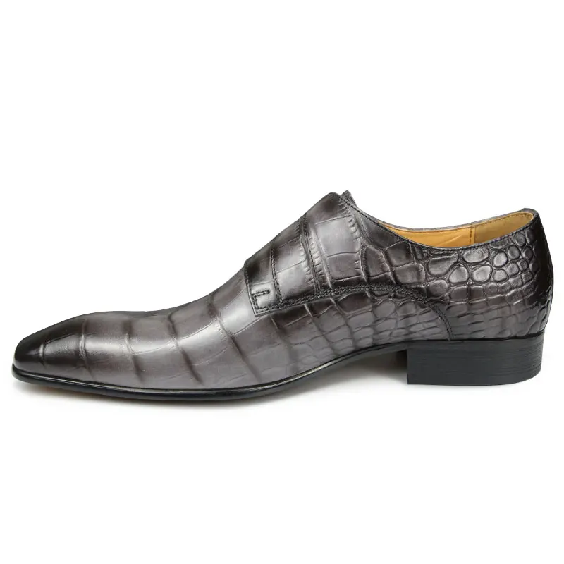 Chaussures en cuir véritable imprimé crocodile pour hommes, mocassins pointus, gris, haute qualité, fête de mariage, affaires, bureau, Elite