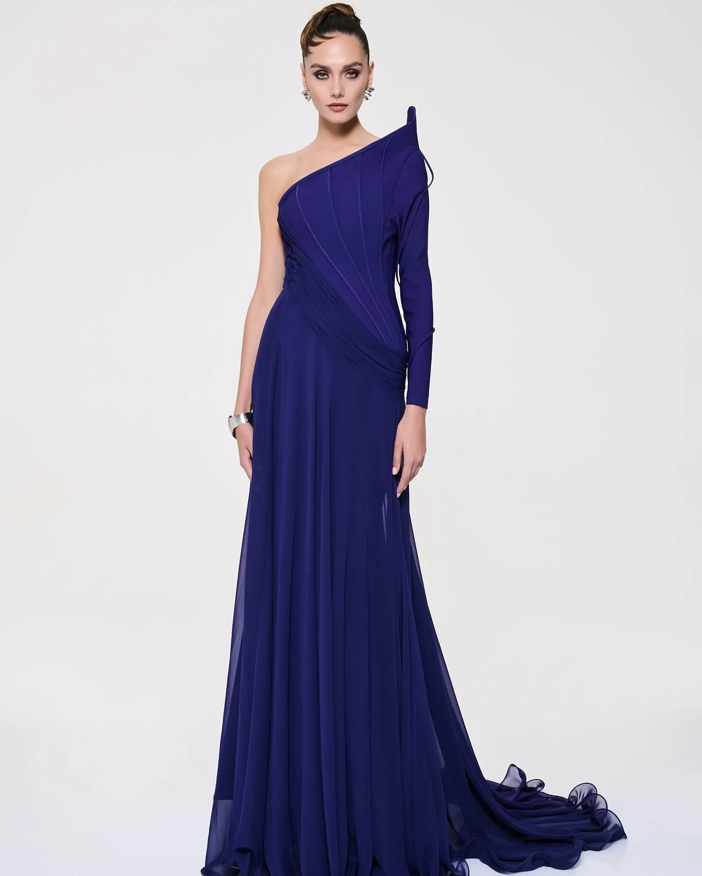 

Customized Graceful One Shoulder Long Sleeves Evening Dresses Temperament Chapel Train Pleats Vestido De Festa Vestido De Noche