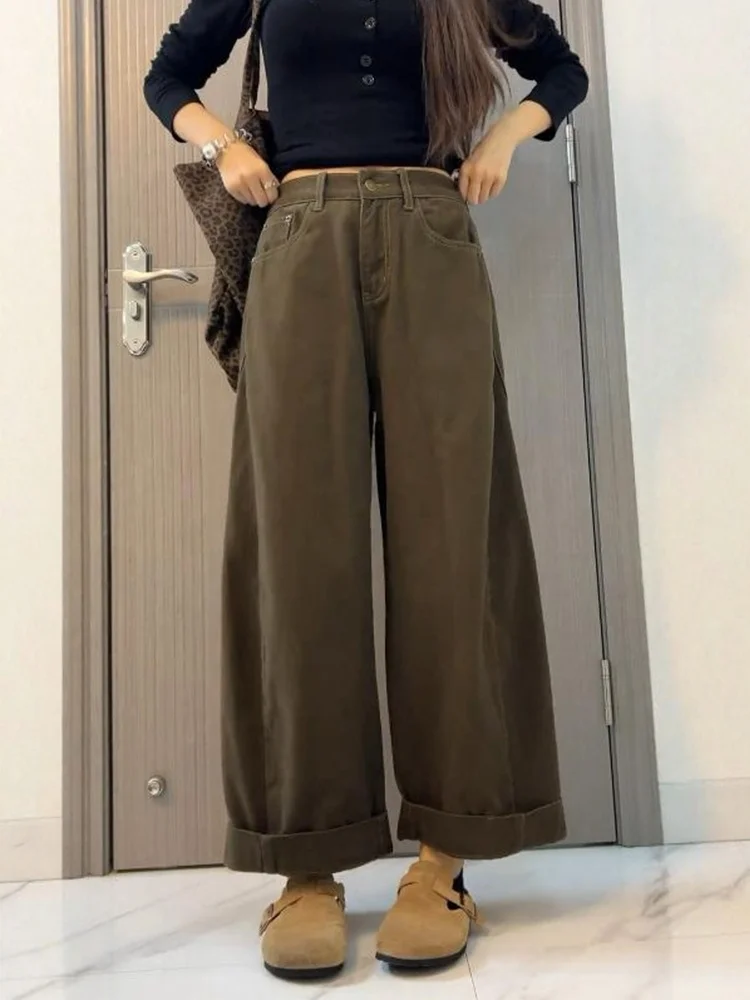 

Джинсы с высокой талией и прямыми штанинами, больших размеров, коричневые, широкие брюки, повседневные, удобные, дышащие, износостойкие, для фигуры типа «груша»