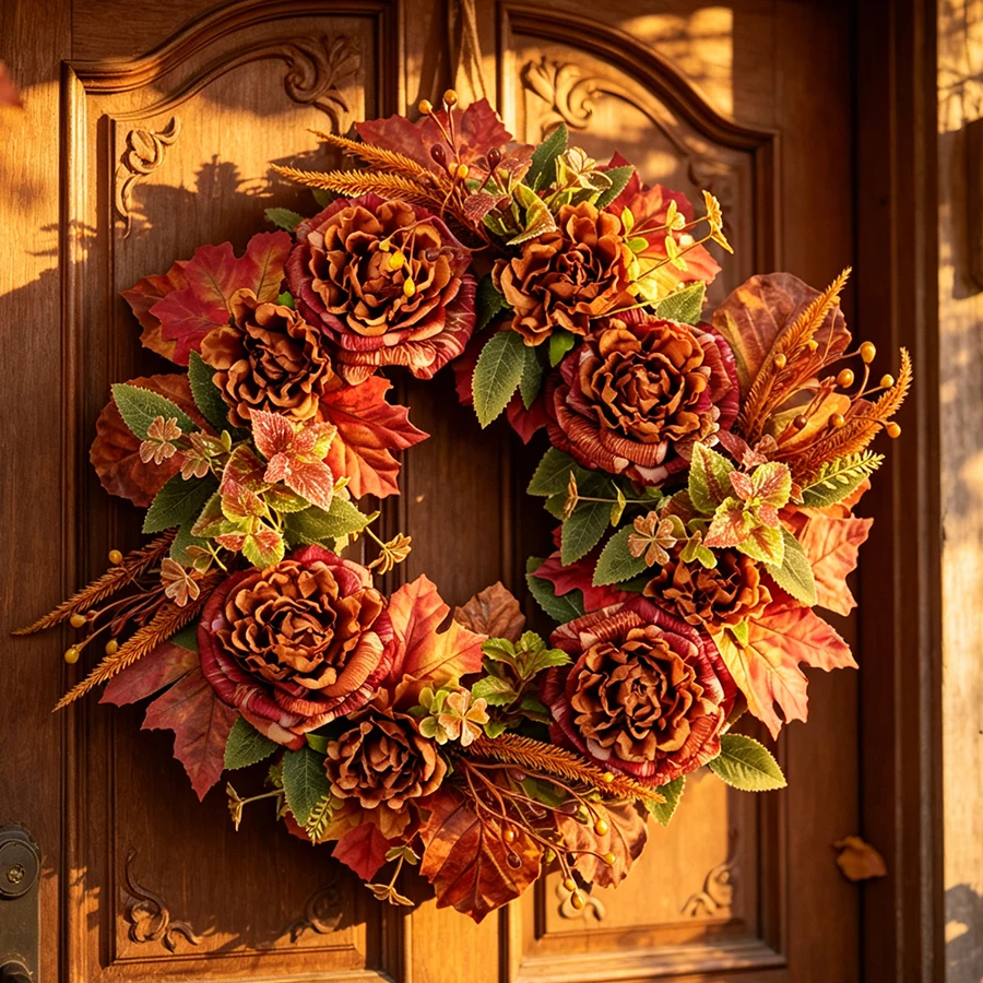HOYVJOY 50cm Autumn Wreath Harvest Wreath with Roses Fall Floral Front Door Wall Autumn Home Decoration Thanksgiving Decor