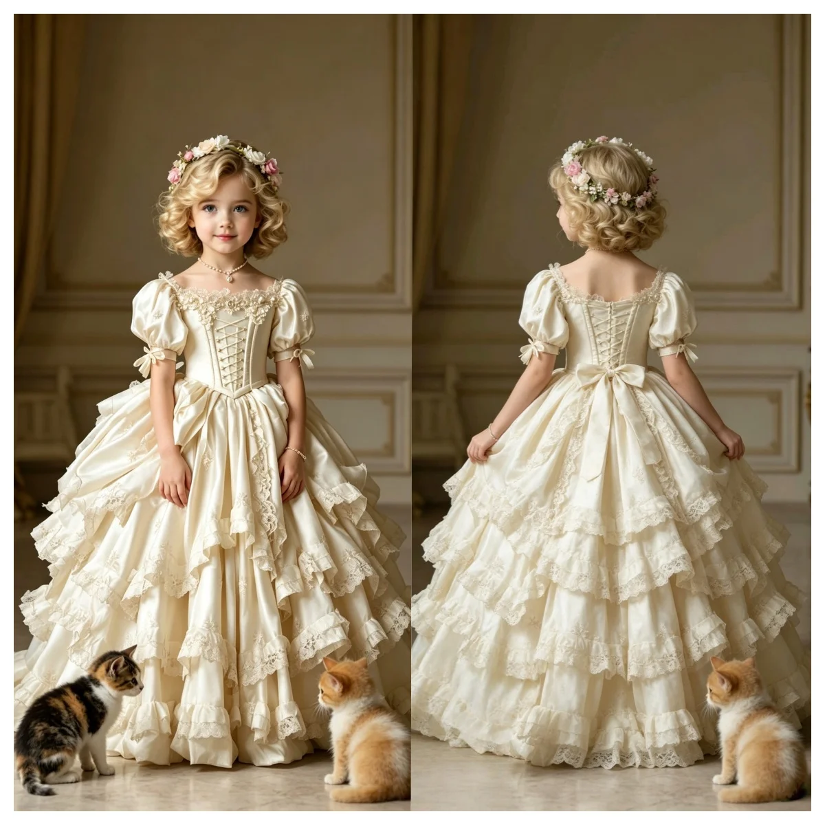 Palace Luxury Satin Children's Flower Girl Dress One Shoulder Handmade Pearl Lace Waist Multi-layer Lotus Leaf Princess Dress